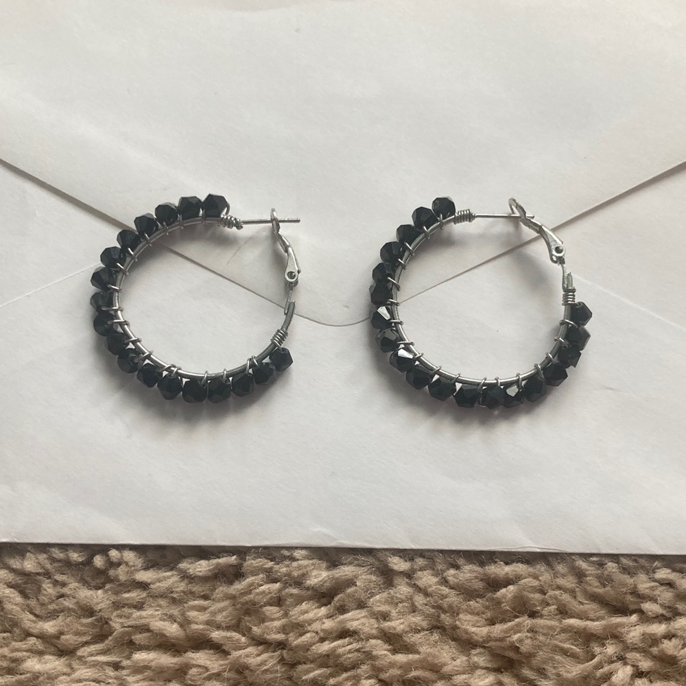 Black Beaded Hoop Earrings
